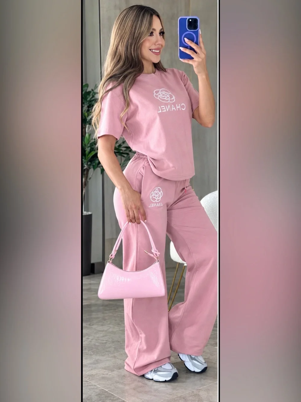 Pink High-Waist Lounge Pants with Matching Tee set size M